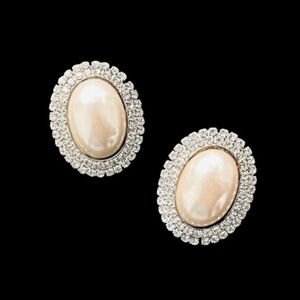 Les Bernard Vintage Faux Pearl Pave Crystal Statement Earrings